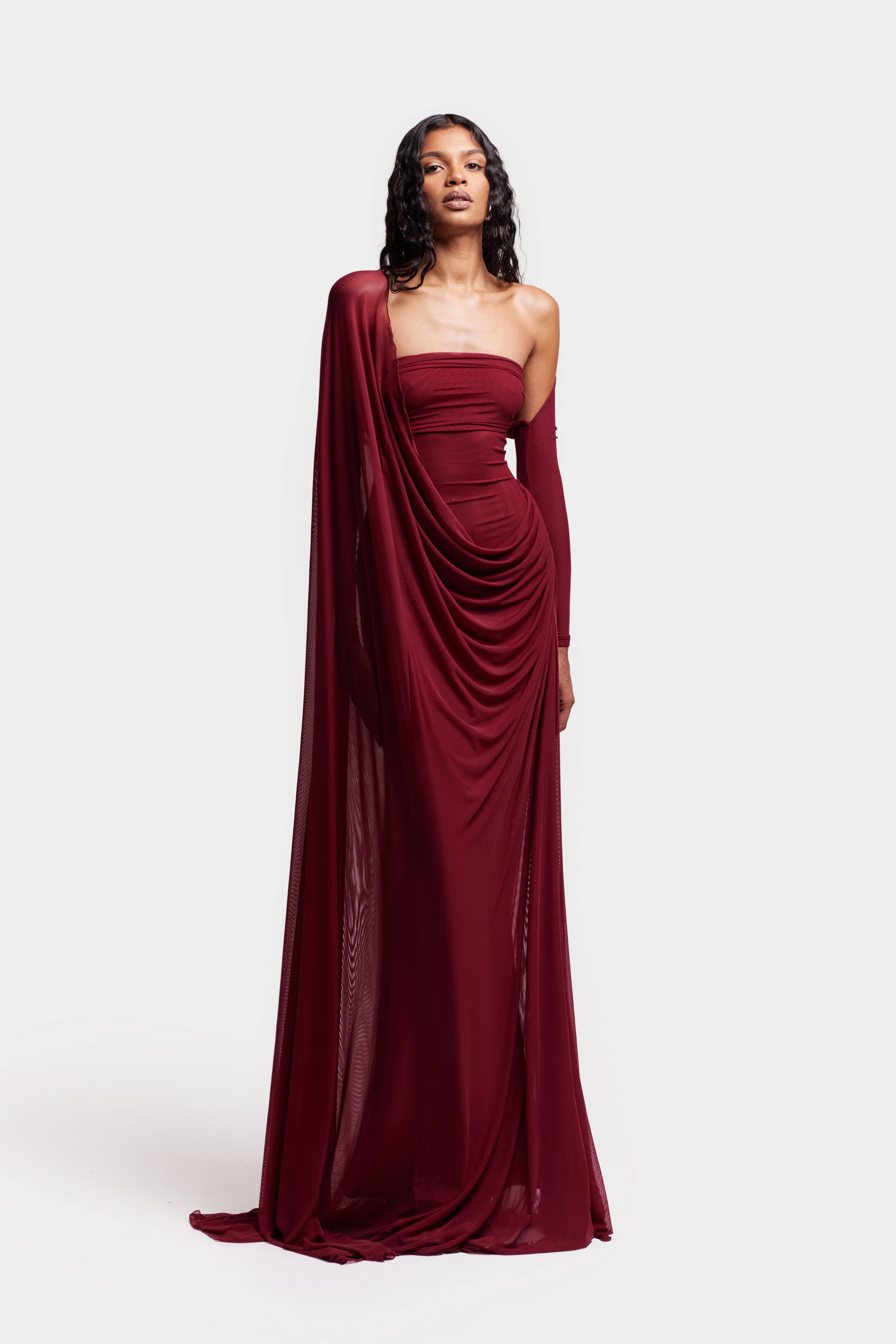 Asymmetric Waterfall Draped Maxi - Trophy Wine - Image 11
