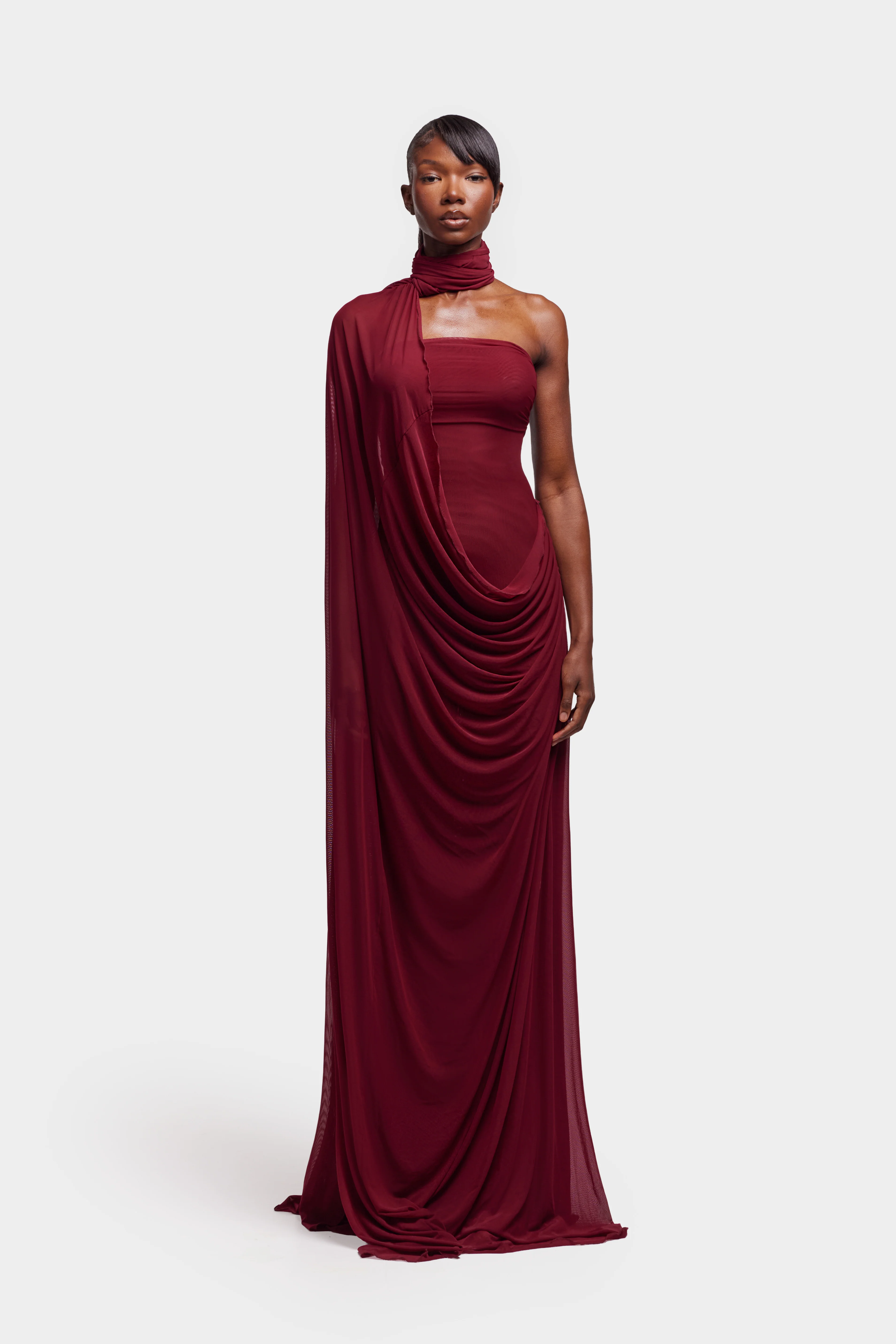 Asymmetric Waterfall Draped Maxi - Trophy Wine - Image 12