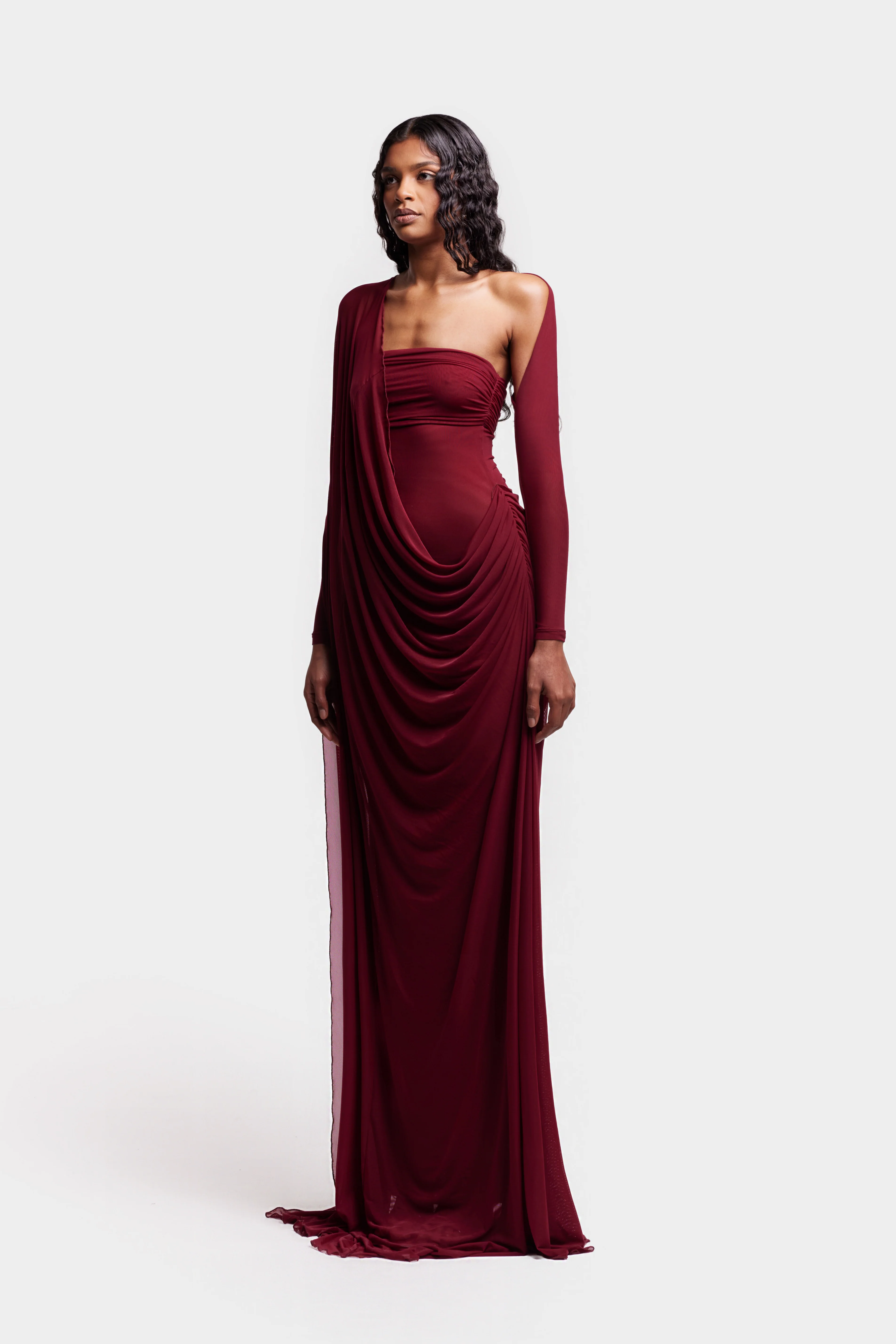Asymmetric Waterfall Draped Maxi - Trophy Wine - Image 3