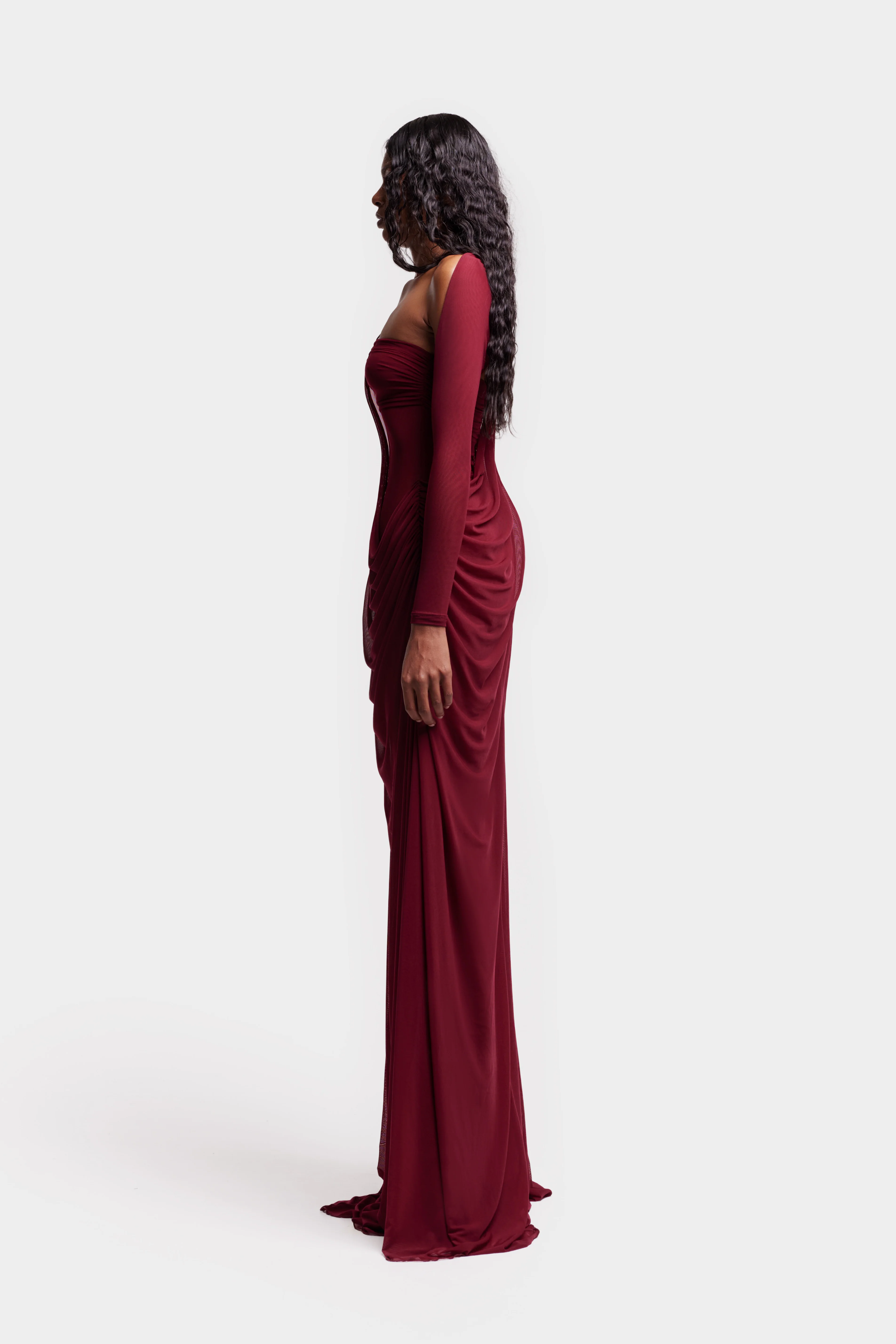 Asymmetric Waterfall Draped Maxi - Trophy Wine - Image 4