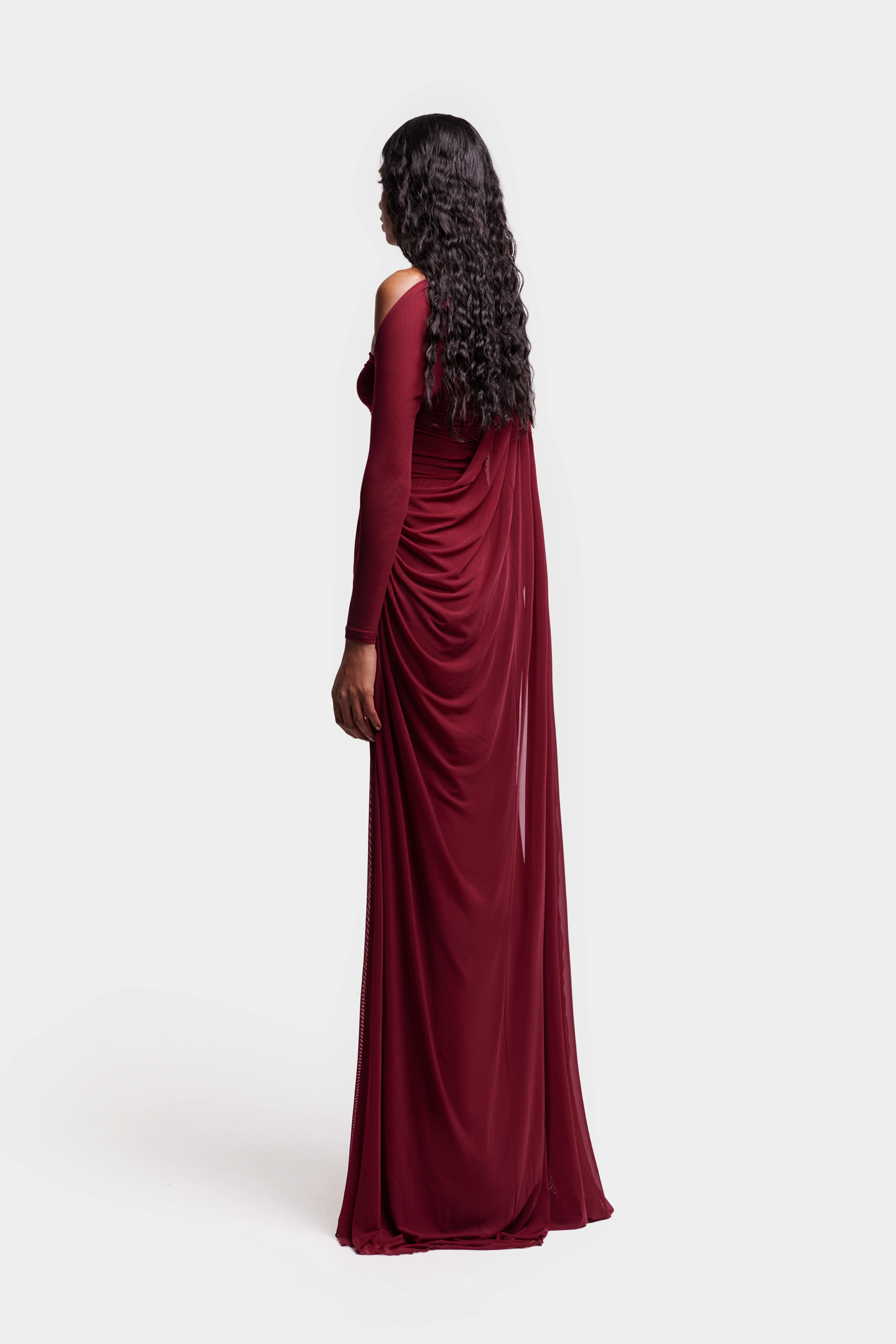 Asymmetric Waterfall Draped Maxi - Trophy Wine - Image 5
