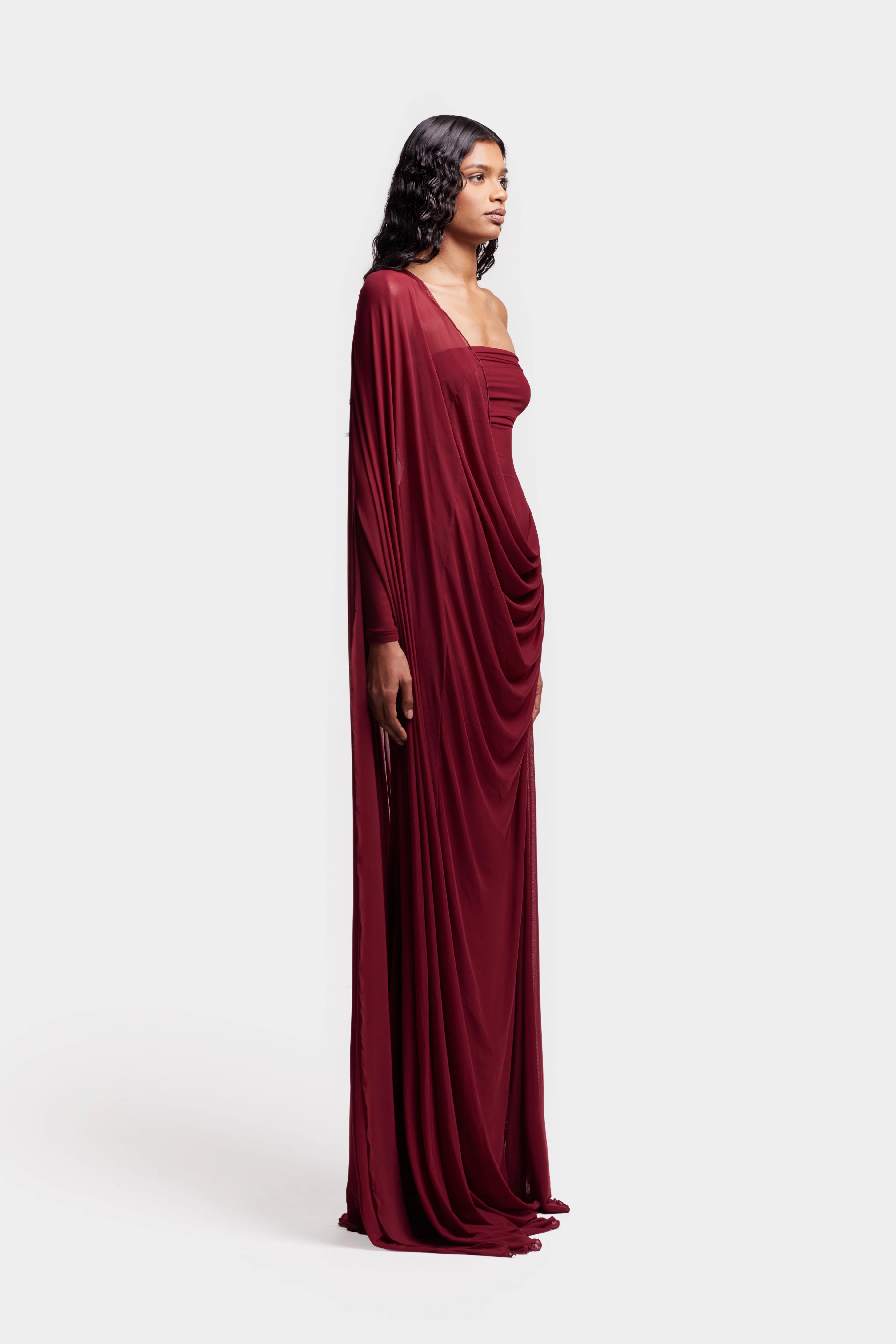 Asymmetric Waterfall Draped Maxi - Trophy Wine - Image 8