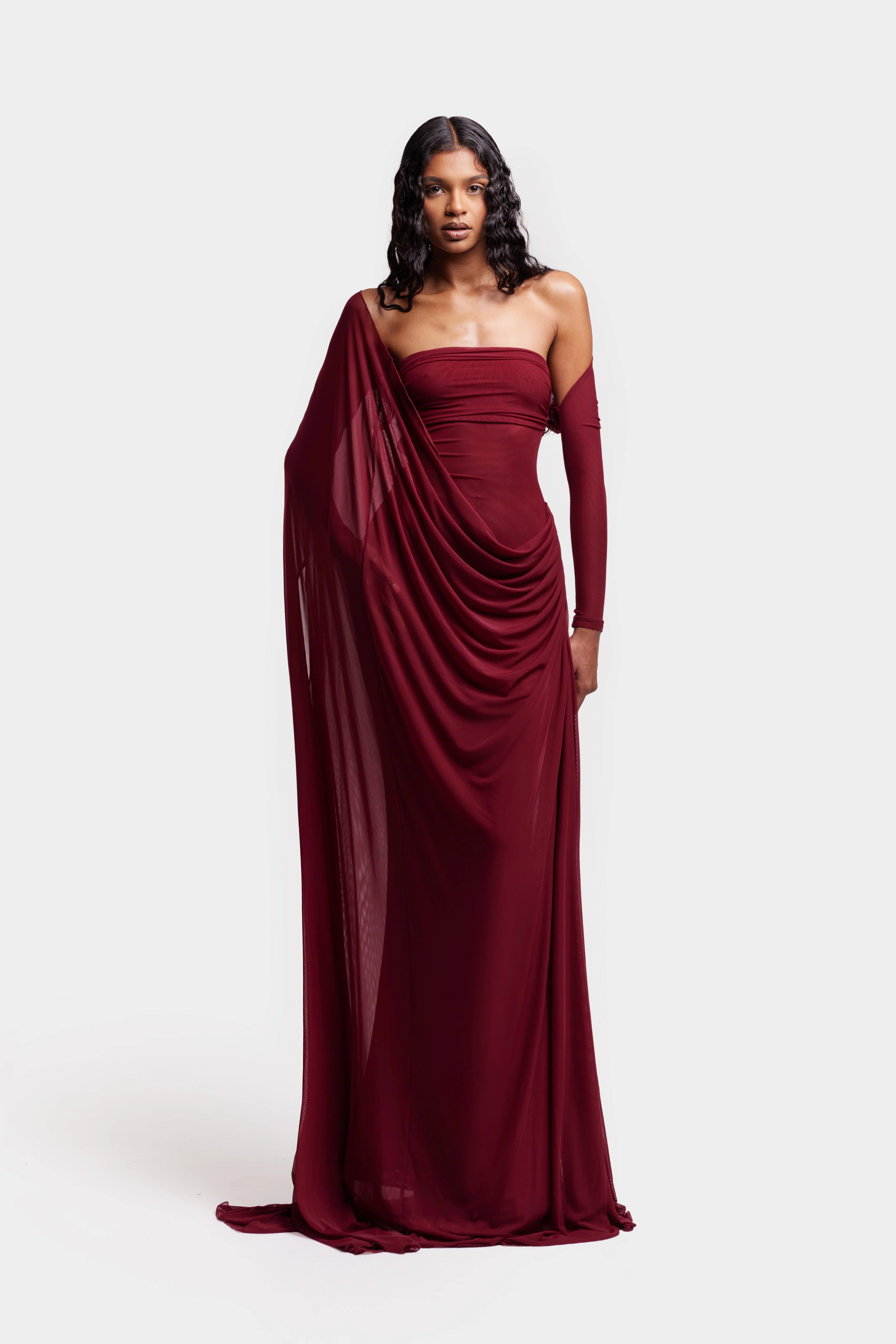 Asymmetric Waterfall Draped Maxi - Trophy Wine - Image 9