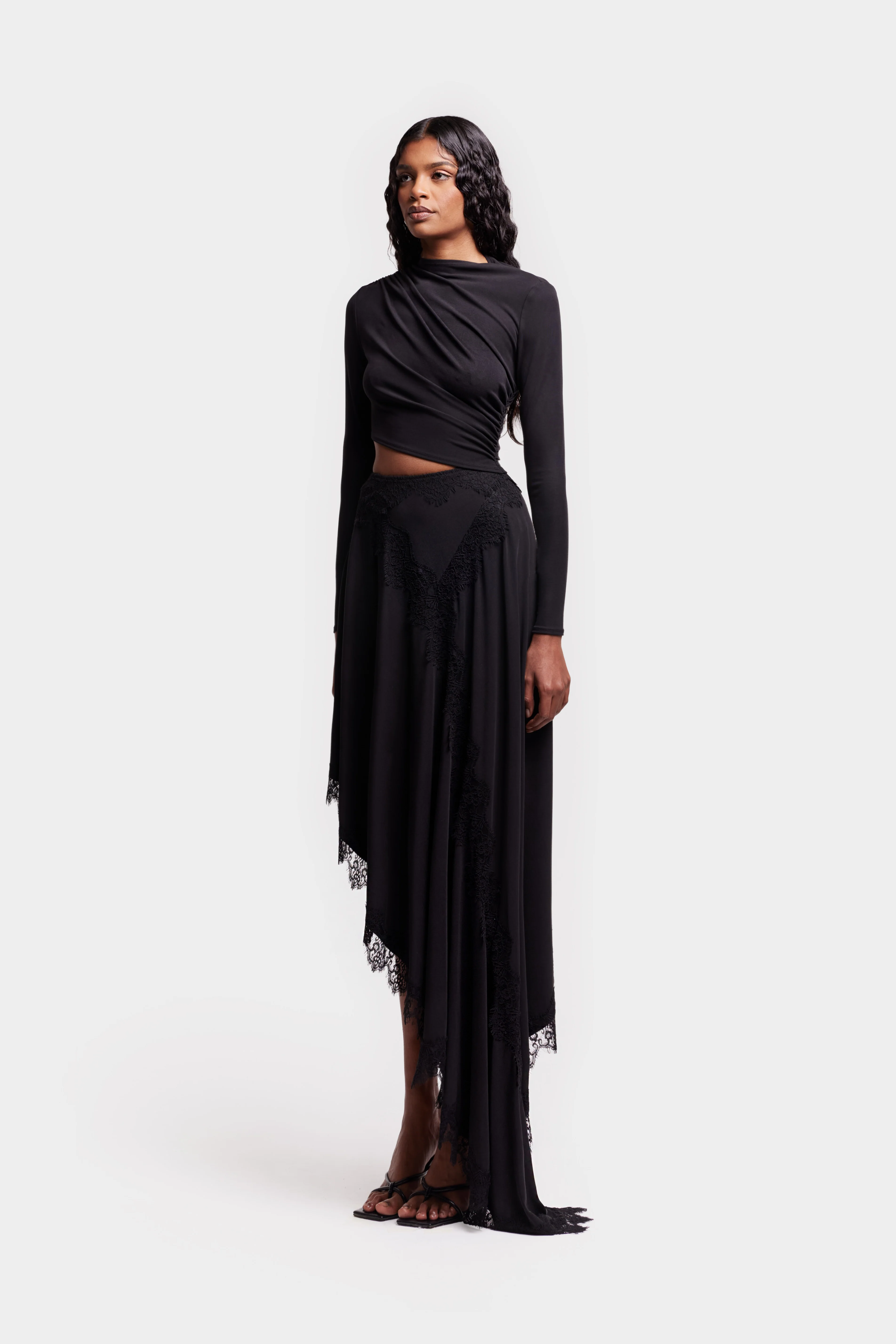 Asymmetric Lace Trim Midi - Black - Image 2