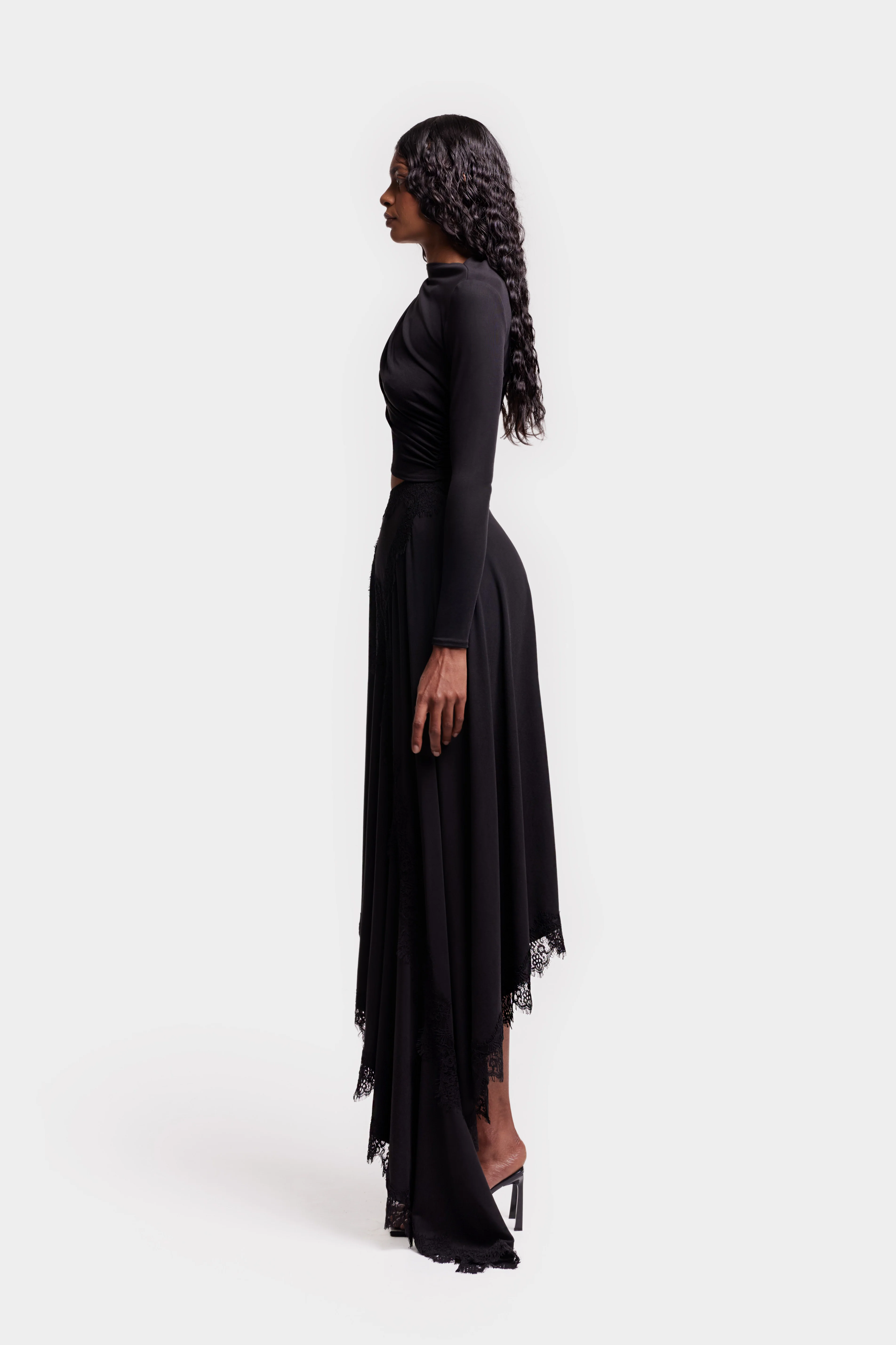 Asymmetric Lace Trim Midi - Black - Image 3
