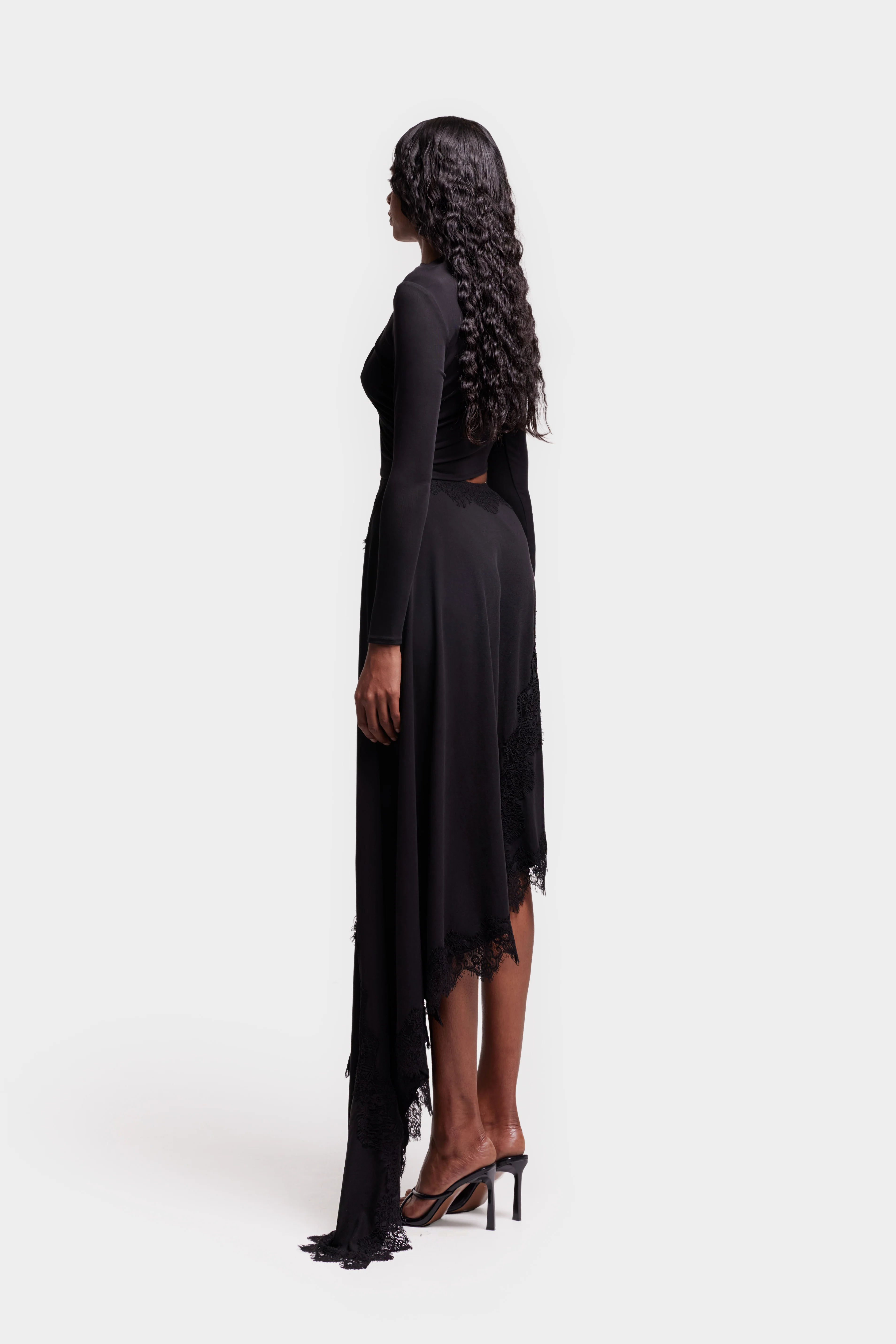 Asymmetric Lace Trim Midi - Black - Image 4