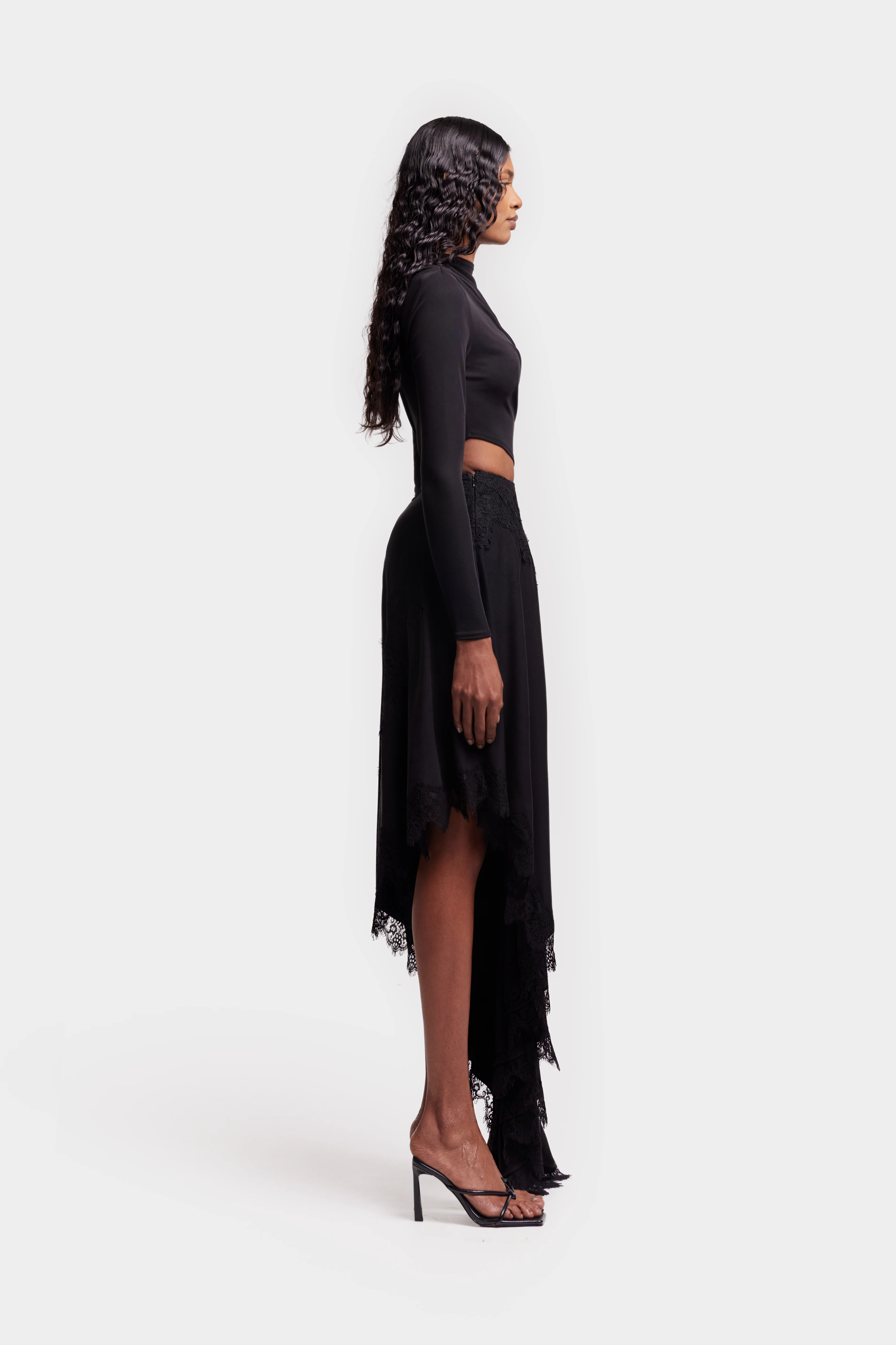 Asymmetric Lace Trim Midi - Black - Image 7