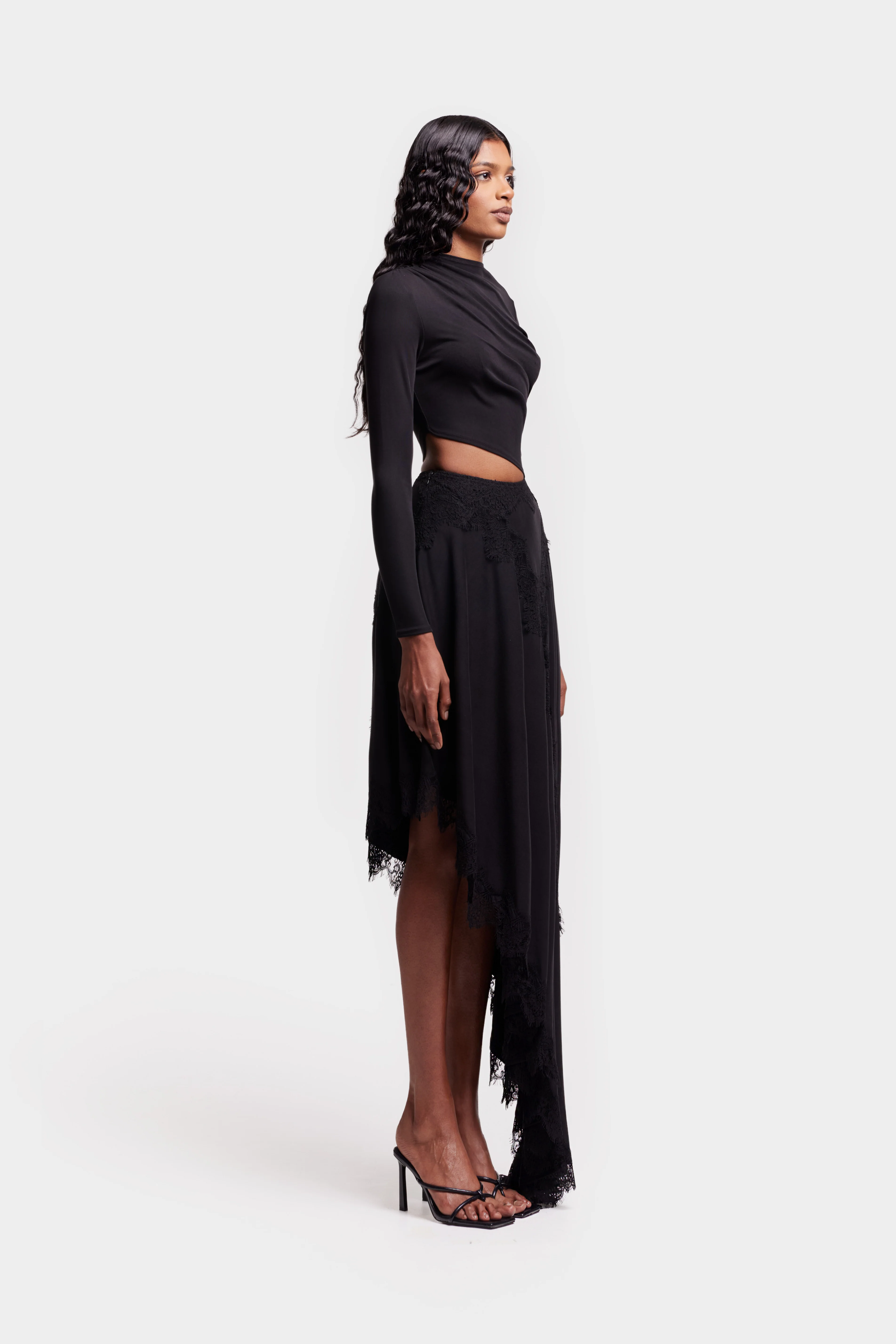 Asymmetric Lace Trim Midi - Black - Image 8