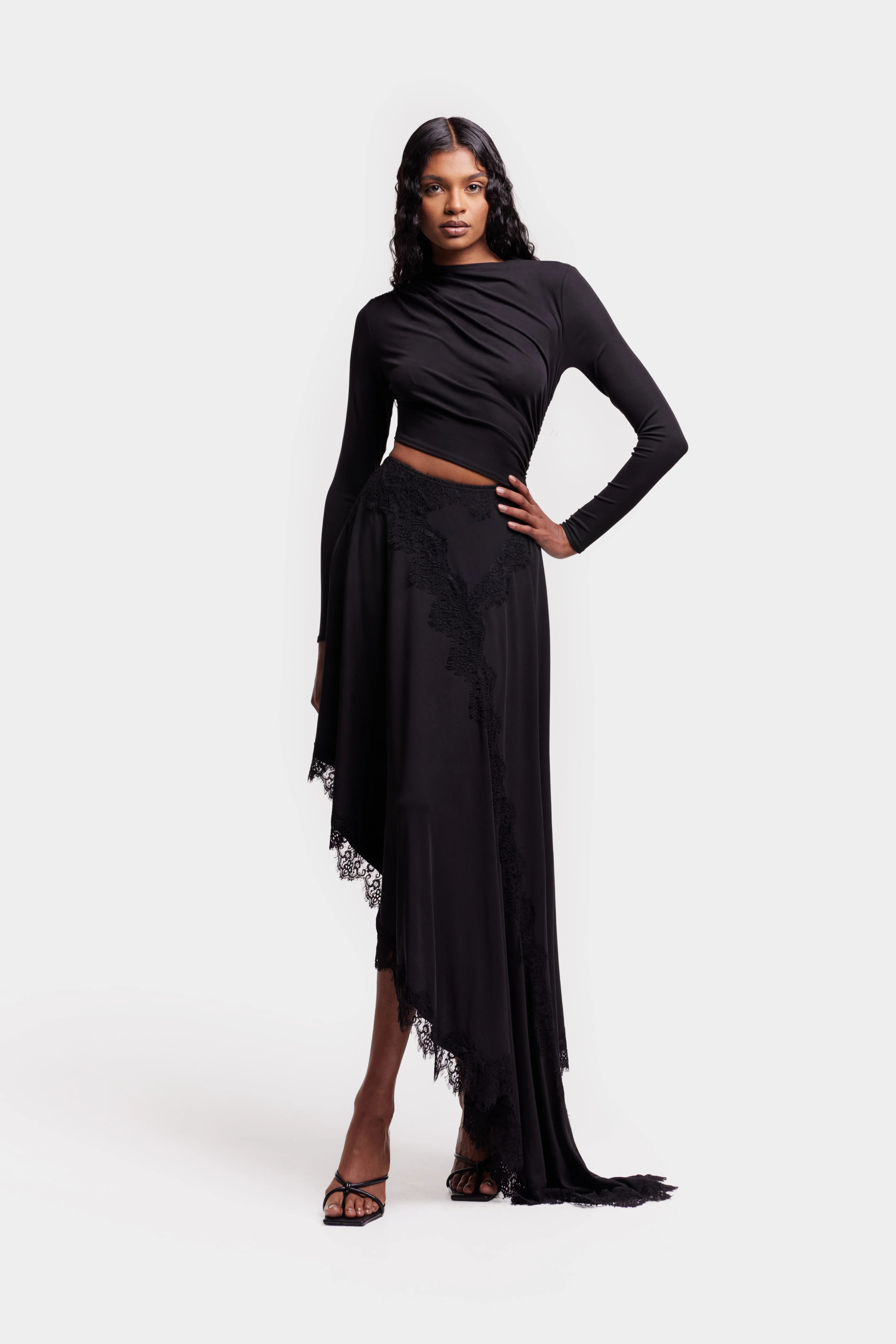Asymmetric Lace Trim Midi - Black - Image 9