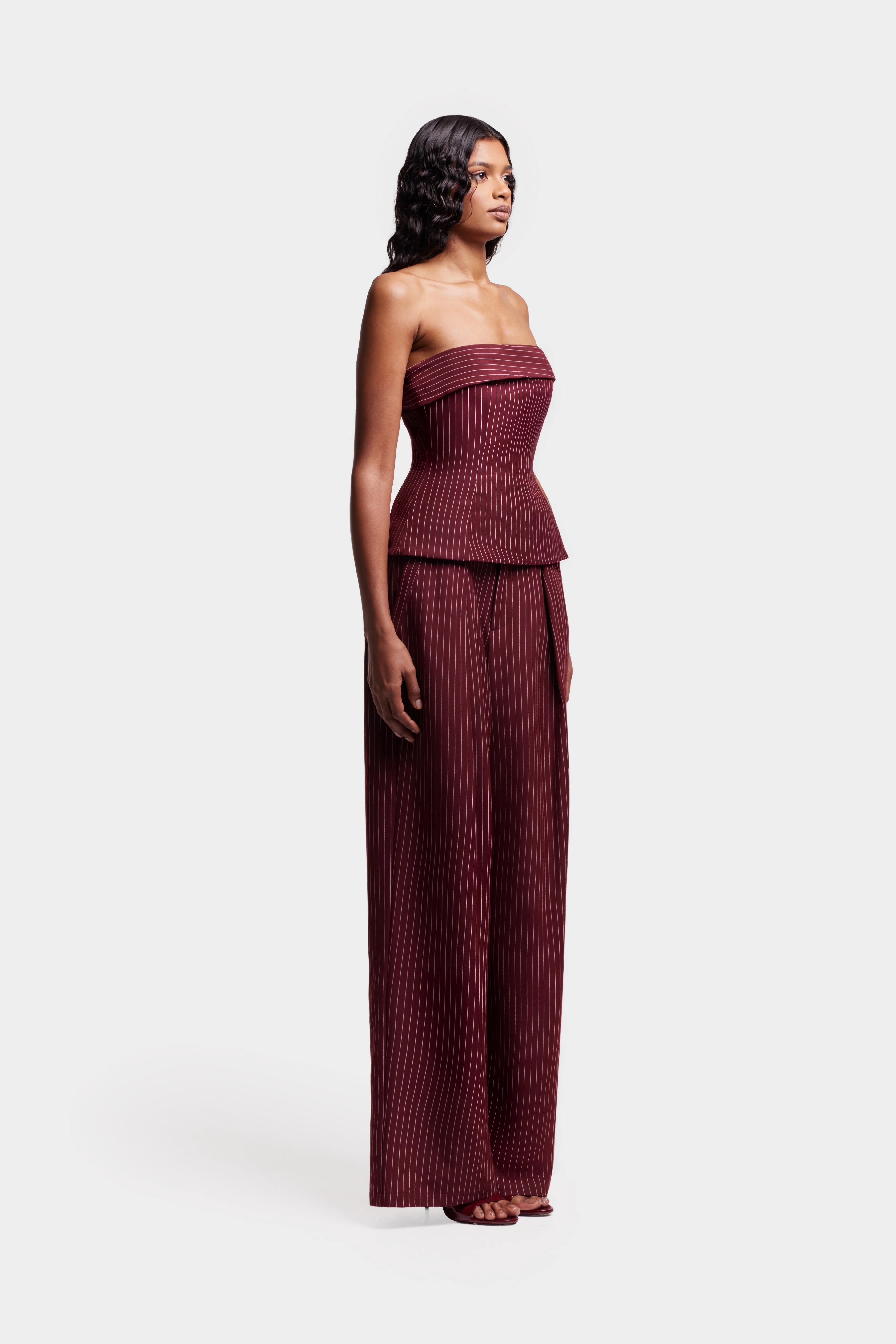Pinstripe Wide Leg Suit Pants - Trophy Wine - Image 10
