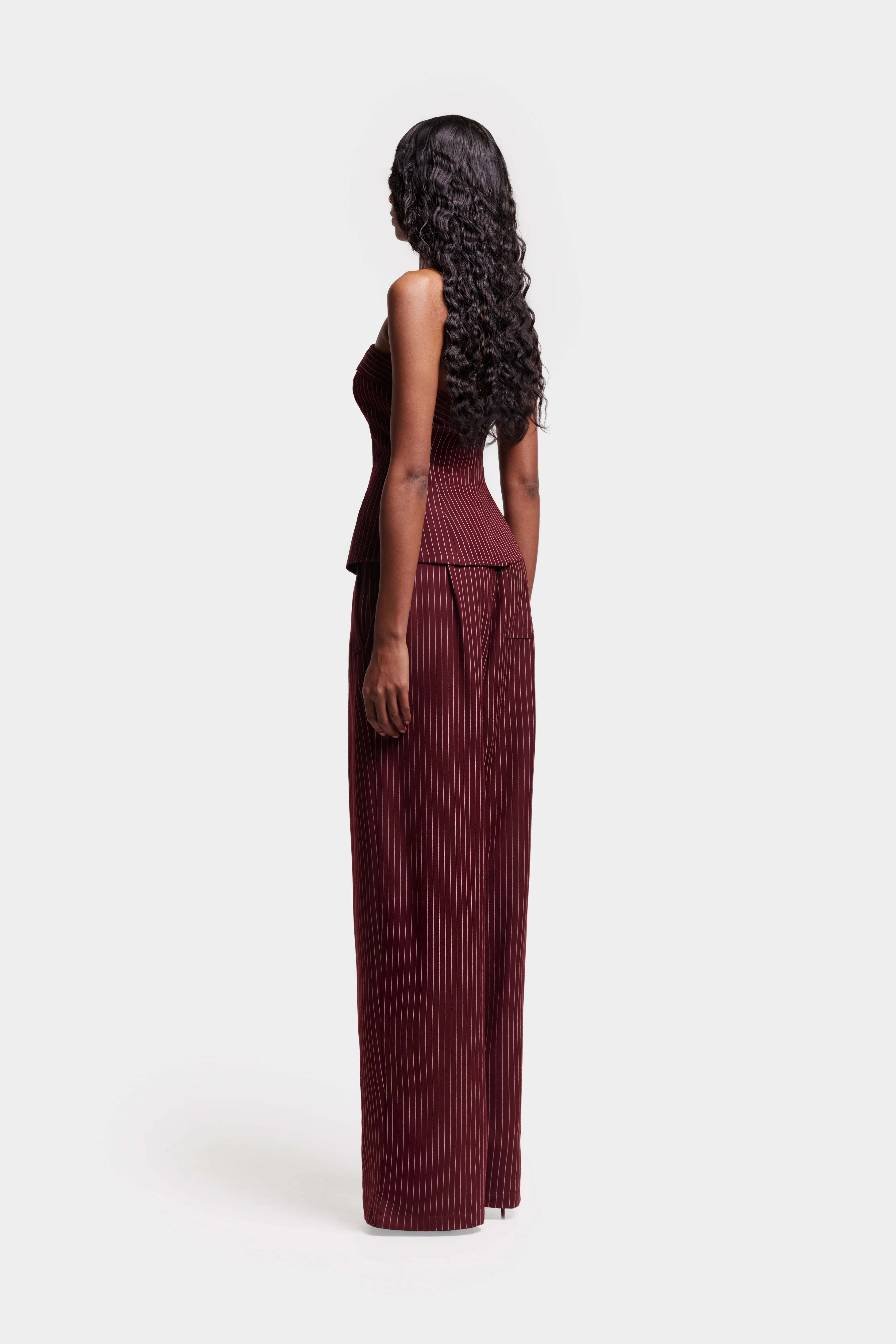 Pinstripe Wide Leg Suit Pants - Trophy Wine - Image 3