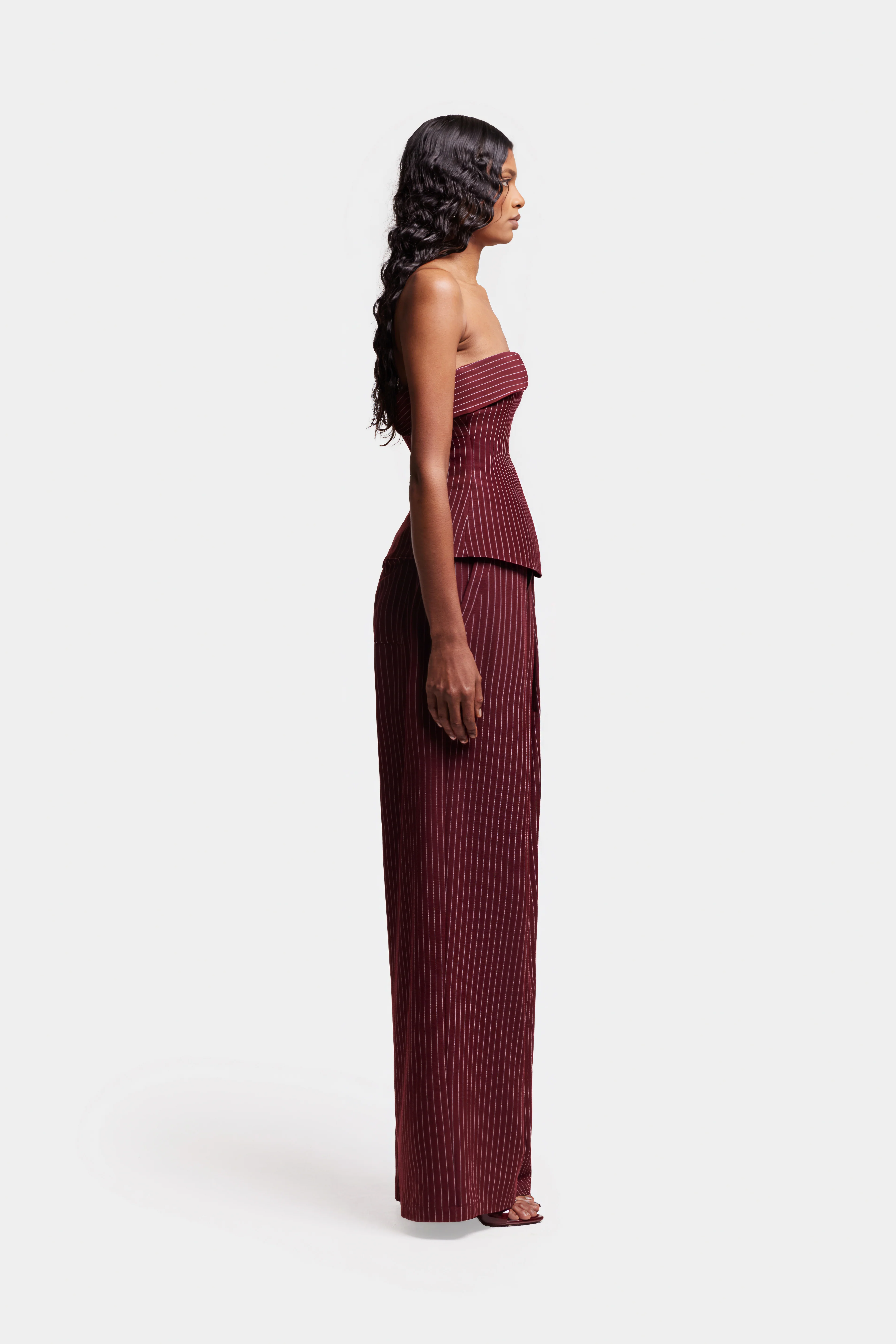 Pinstripe Wide Leg Suit Pants - Trophy Wine - Image 6