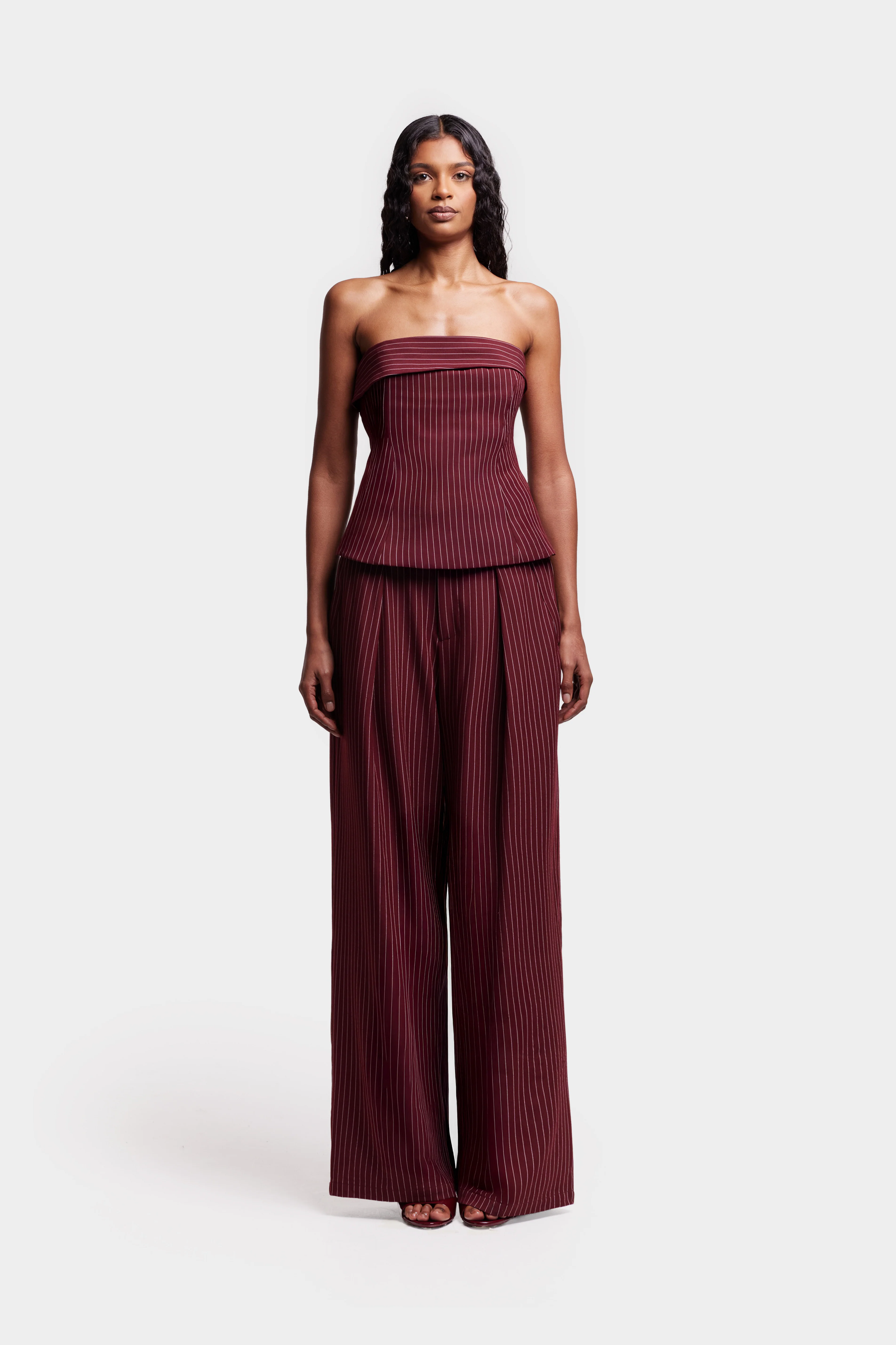 Pinstripe Wide Leg Suit Pants - Trophy Wine - Image 7