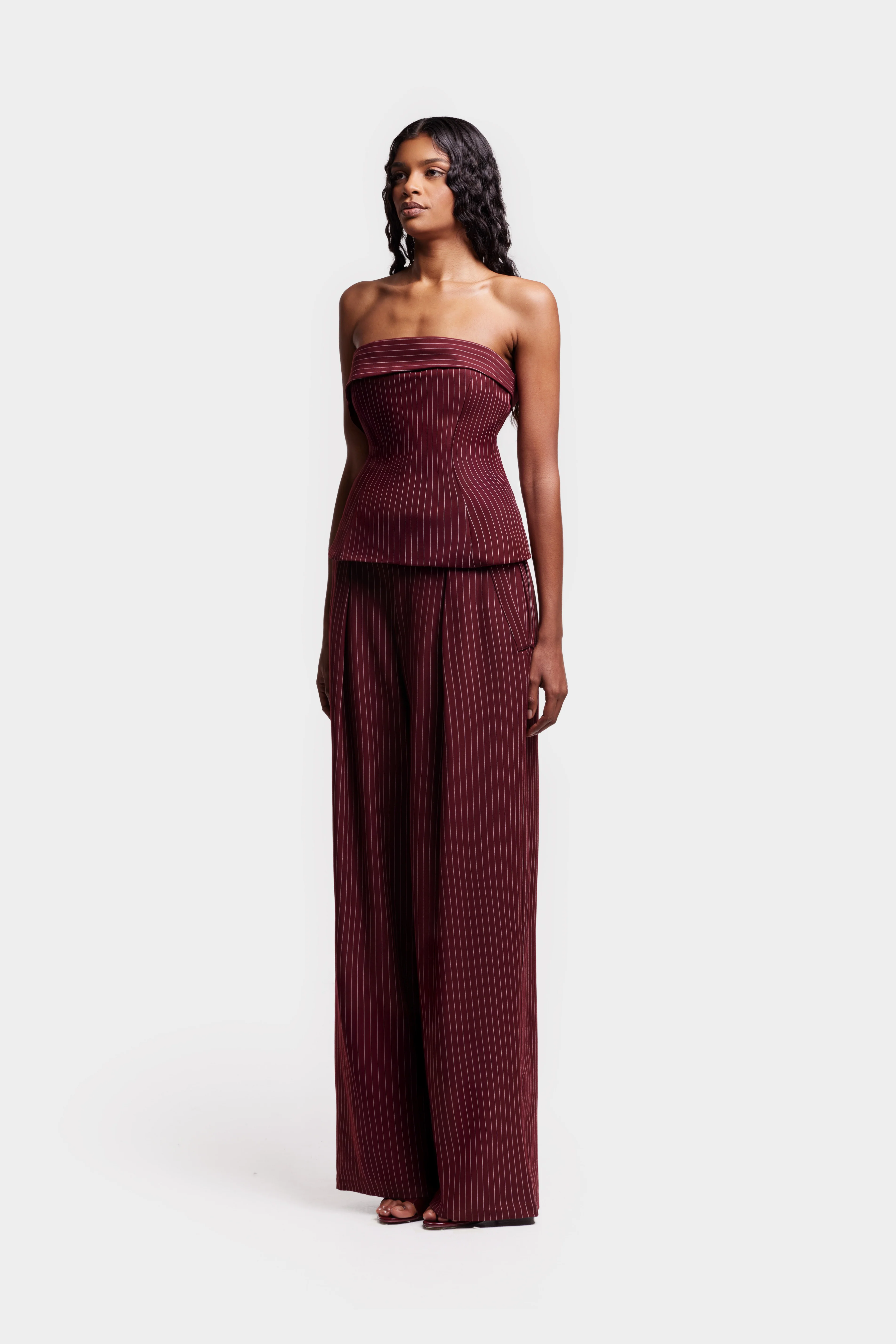 Pinstripe Wide Leg Suit Pants - Trophy Wine - Image 8