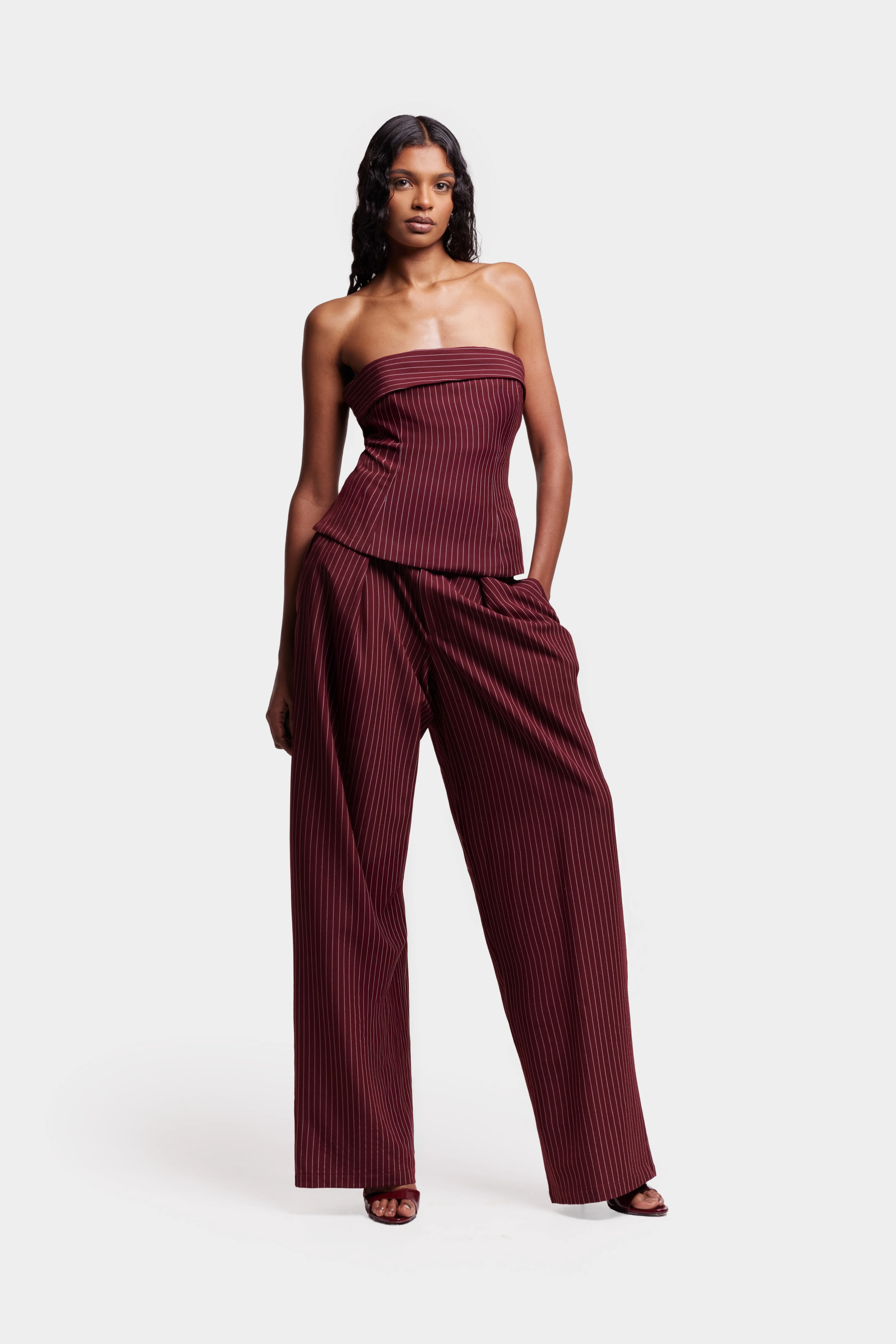 Pinstripe Wide Leg Suit Pants - Trophy Wine - Image 9