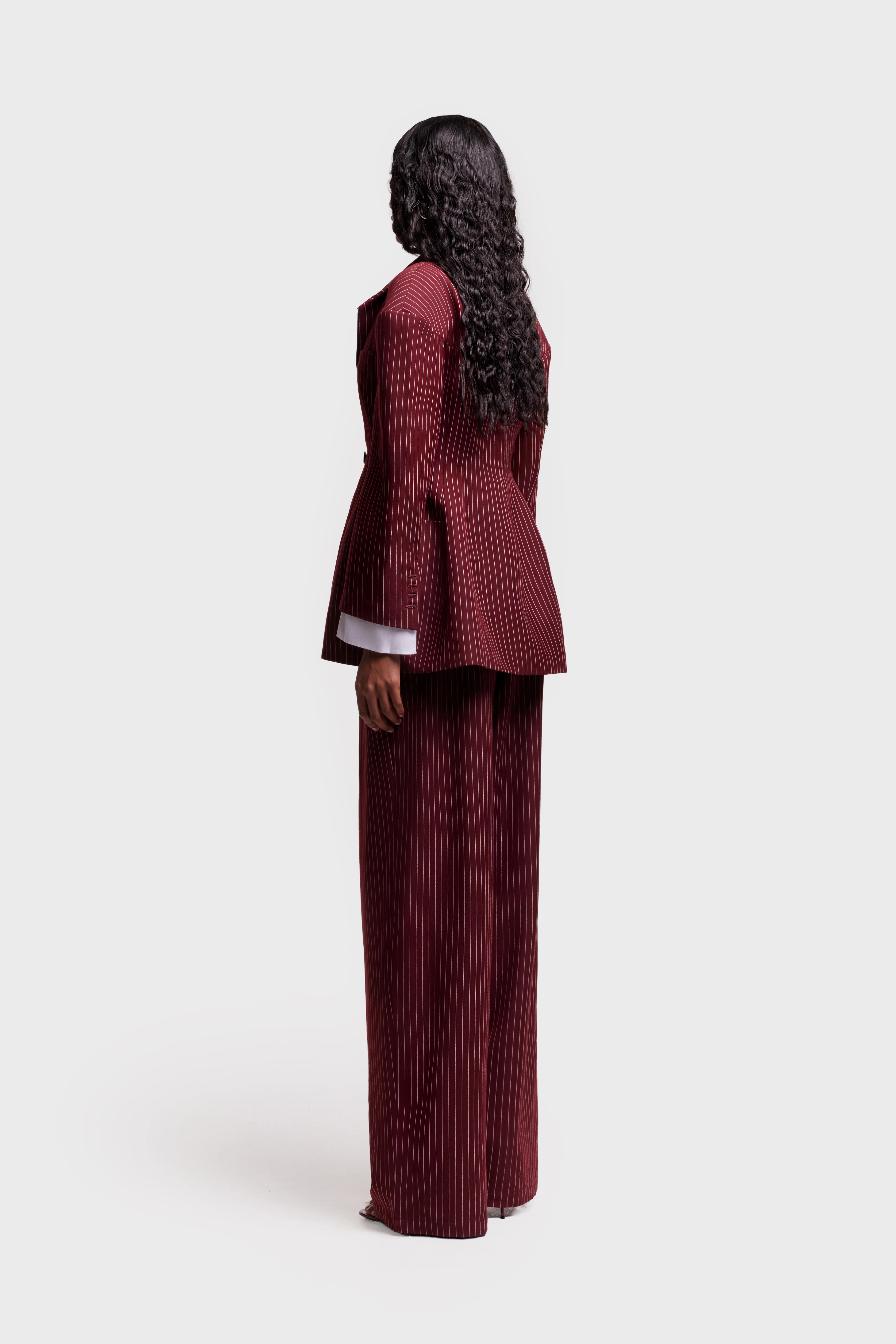 Pinstripe Shirt Cuff Hourglass Blazer - Trophy Wine - Image 4