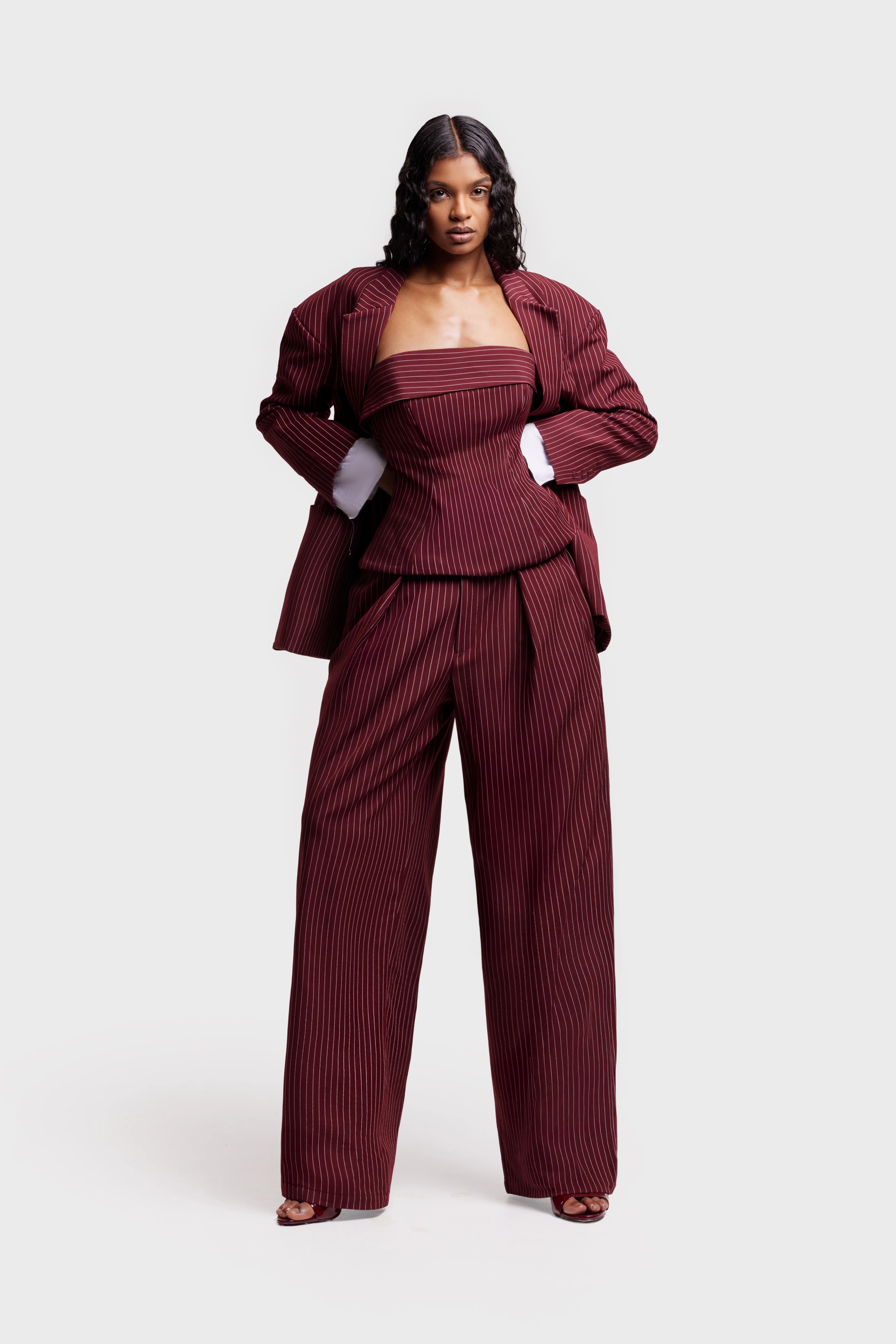 Pinstripe Shirt Cuff Hourglass Blazer - Trophy Wine - Image 5